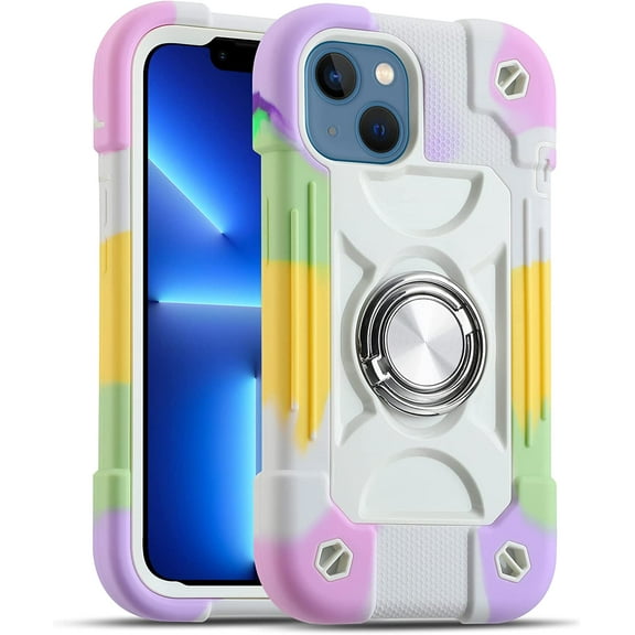 Compatible with iPhone 14 Case/iPhone 13 Case 6.1 Inch with Built-in 360°Rotating Ring Stand, Military Grade Drop Protection Full Body Rugged Heavy Duty Protective Cover. (Rainbow White)