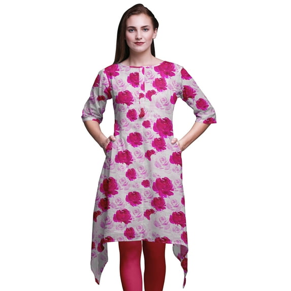 Bimba Pink Grandiflora Roses Floral Printed Tops For Women Asymmetric Kurti Summer Dress For Girls XSmall