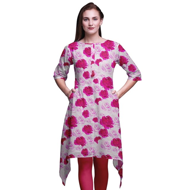Bimba Kurti Asymétrique Imprimé Floral Roses Grandiflora Rose pour Femmes Robe d'Été Indienne Tunique Grande