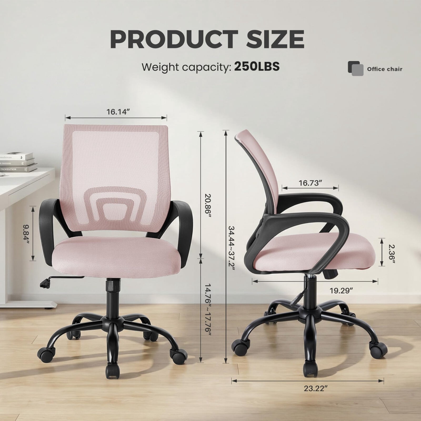 Kelno Mid-Back Mesh Office Chair 250lb Capacity Ergonomic Desk Chair with Lumbar Support Adjustable Height Rocking Task Chair, Pink