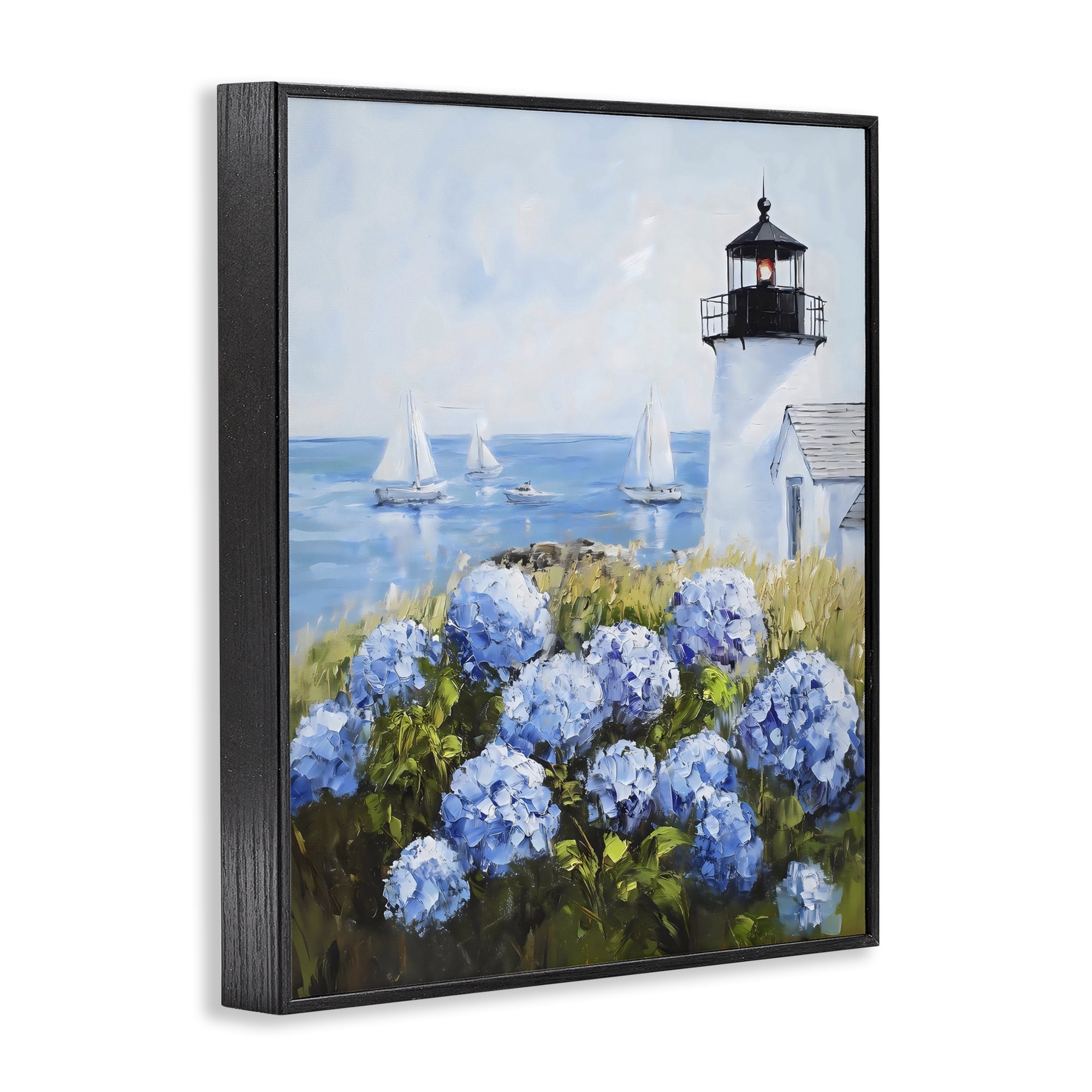 Stupell Industries Lighthouse Surrounded by Hydrangeas Black Framed Giclee Art, design by Arlington Prints