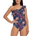 thumbnail image 2 of Picia Skull starry sky flower Pattern Women's One Piece Swimsuits,One Shoulder Swimwear Asymmetric ,Ruffle Monokinis Bathing Suits,High Waisted Flattering Bathing Suits-Medium, 2 of 8