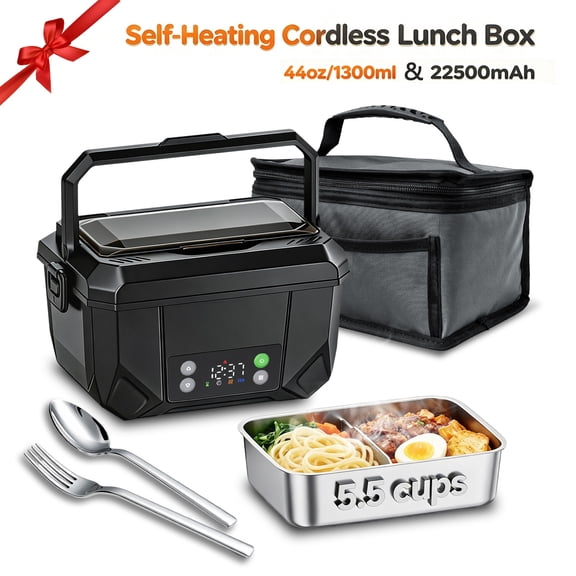 YKV Cordless Electric Lunch Box, Heated Lunch Box for Men with Timer Self Heating Lunch box with Automatic Heating, 5.5 Cups Portable Food Warmer with Removable Tray Divider & Insulated Bag