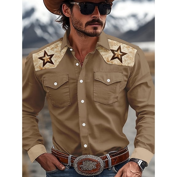 Western Shirts for Men Casual Cowboy Two Pockets Button Down Long Sleeve Shirts Regular Fit Work Basic Shirt Brown _XXXL