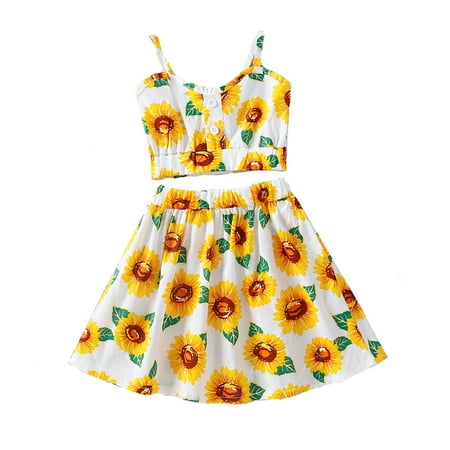 

Girl s Two-piece Suit Sunflower Print Sleeveless Sling Tops and Skirt
