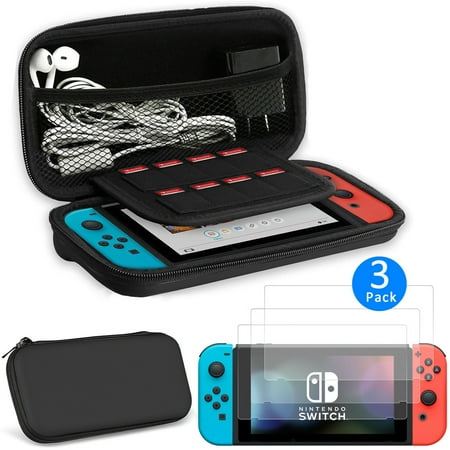 EEEKit 2in1 Starter Kit for Nintendo Switch, Carrying Travel Hard Shell Case w/ Game Cartridge Holder + 3 Pcs Clear HD Screen
