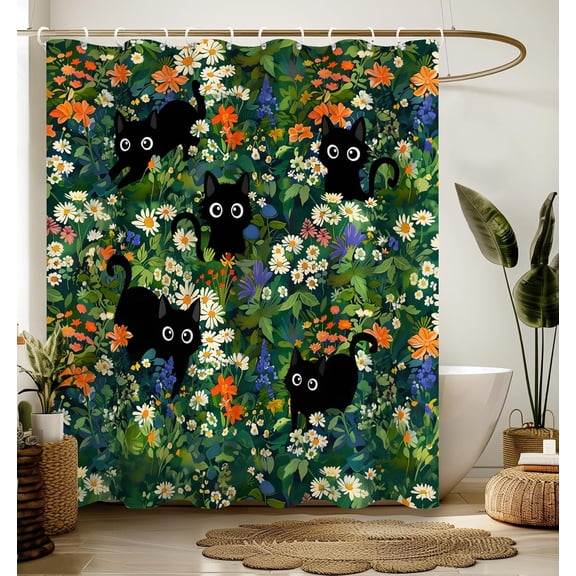 Black Cat Shower Curtain Floral Green Garden Bathroom Decor with Hooks 71x71 Inches