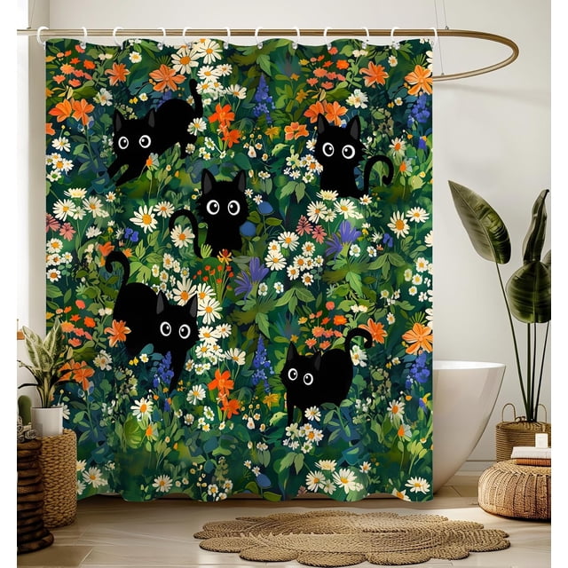 Shower Curtain for Bathroom Stall Boho Modern Cute Aesthetic Decorative Girly Waterproof Unique Cats Flowers Girls Chic Print Design Teen Pretty Women Cortinas de Baño Bathtub 180*180cm