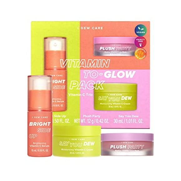 I Dew Care Ensemble de Soins de la Peau - Pack de Vitamines à Éclat Sérum, Crème, Masque pour les Lèvres, Trio Illuminateur de Vitamines C avec Niacinamide, Format Voyage