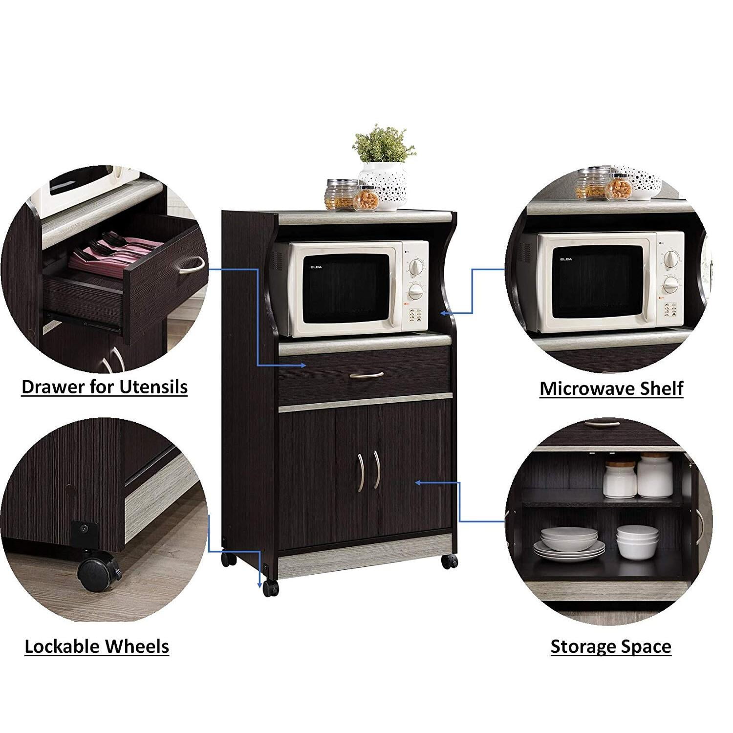 Microwave Cart Kitchen Storage - Rolling Utility Cart with Drawer & Shelves - Modern Kitchen Island Cabinet