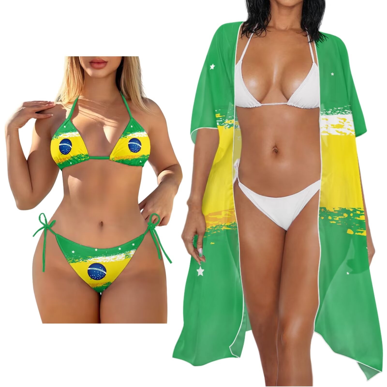 XYZCANDO Flag of Brazil Bikini Set for Women V Neck Lace Up