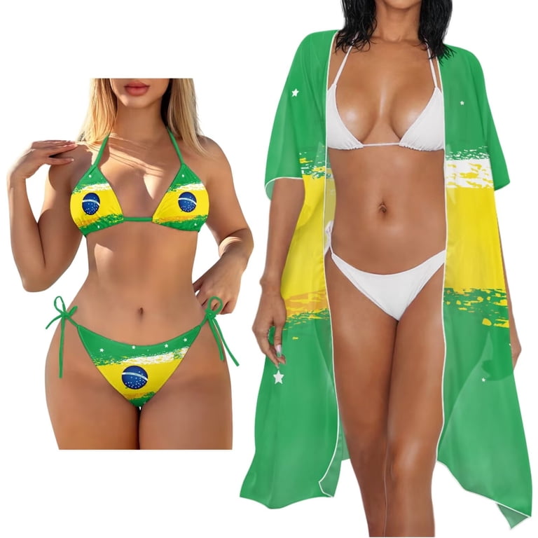 XYZCANDO Flag of Brazil Bikini Set for Women V Neck Lace Up