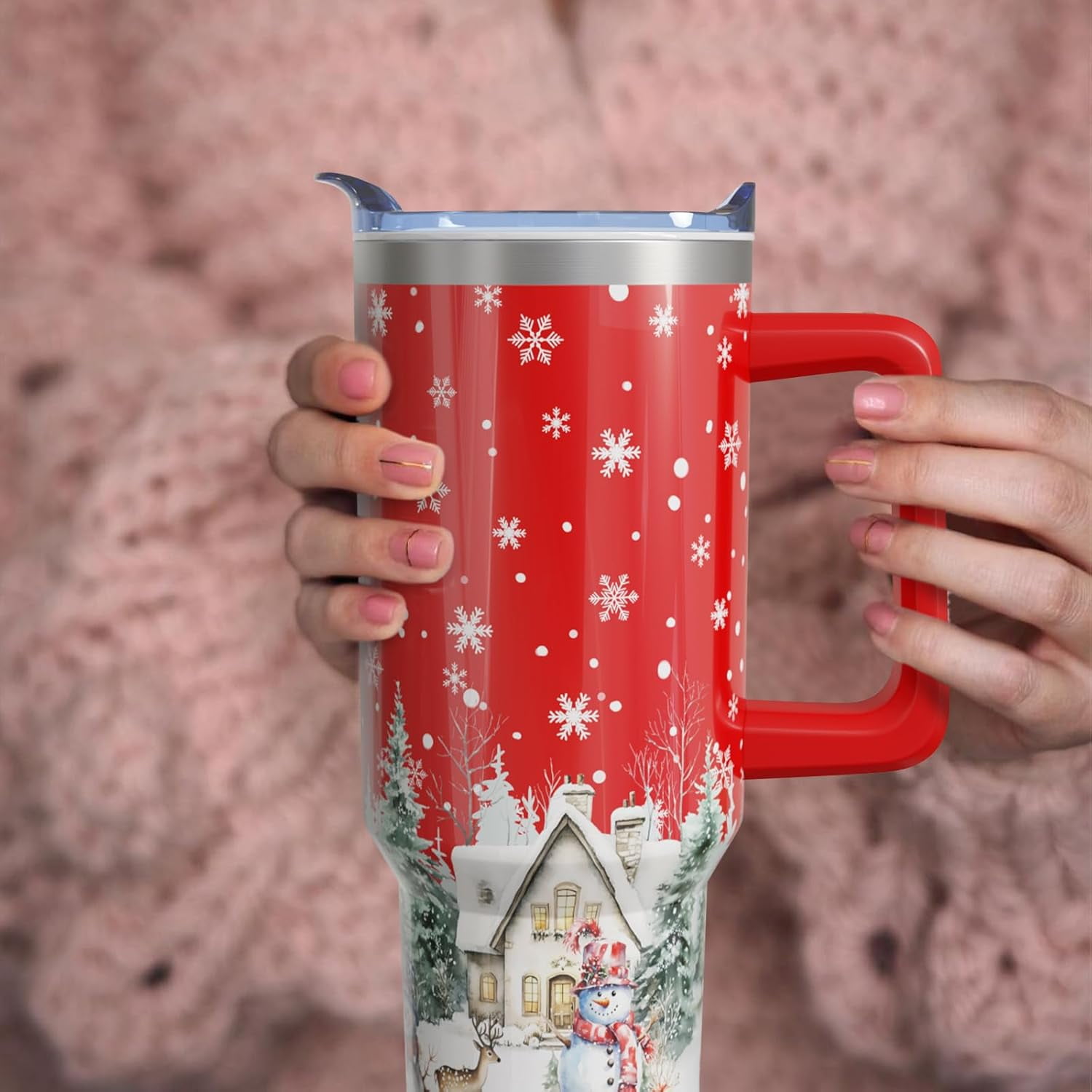 40oz Christmas Tumbler With Handle Lid and Straw, Stainless Steel Pink Xmas Snowman Insulated Coffee Cup, Christmas Gifts for Women/Mom/Daughter/Aunt/Girlfriend