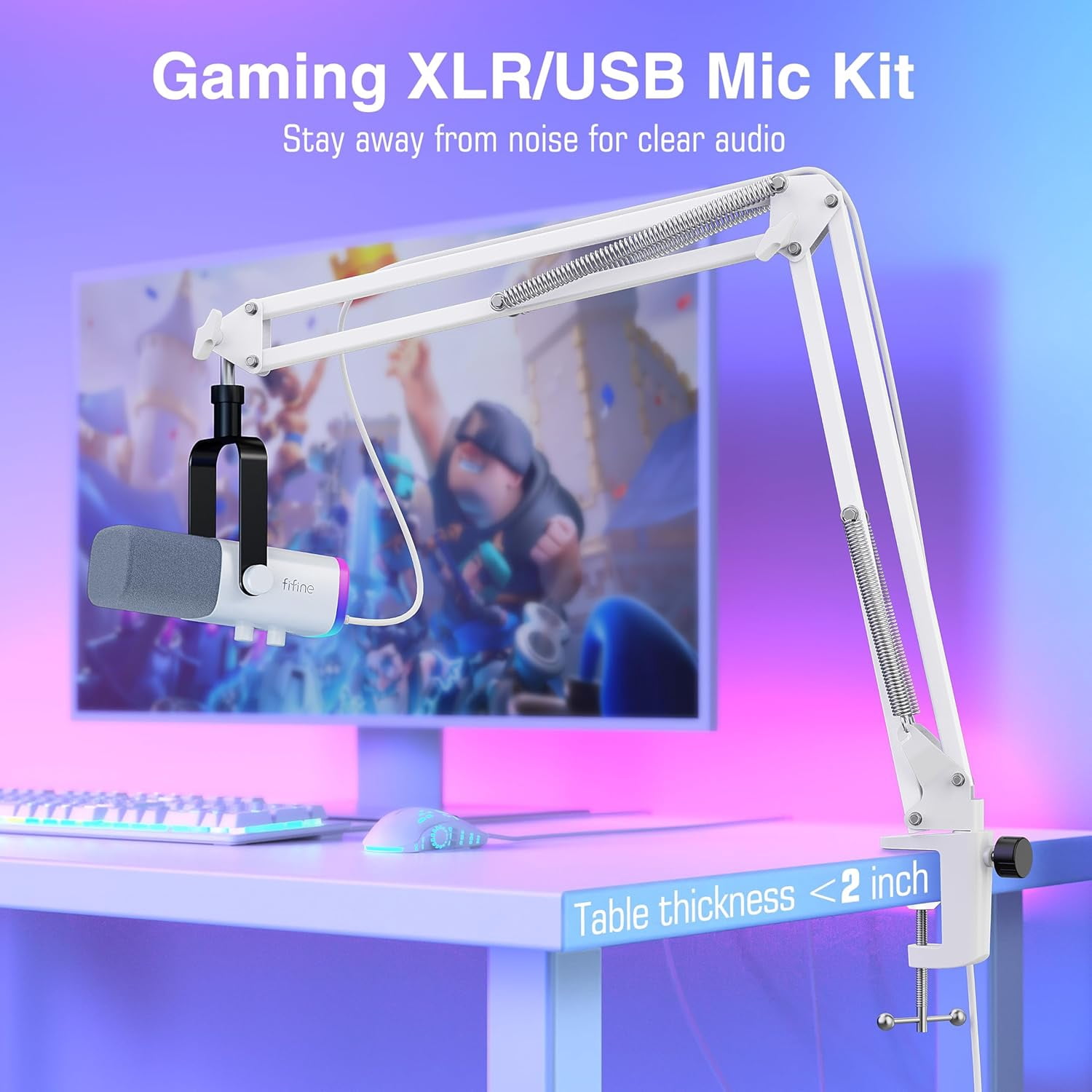 FIFINE AM8 Dynamic Microphone with Boom Arm Stand, USB XLR Gaming Microphone Kit for PC Computer PS5 with RGB, Mute, Headphone Jack for Streaming AM8T, White