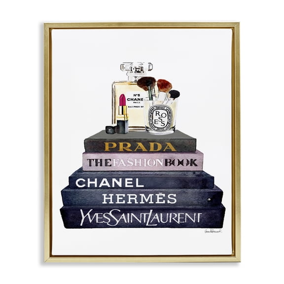 Stupell Industries Contemporary Glam Fashion Book Set With Makeup Gold Floating Frame Canvas Art, 17 x 21, by Amanda Greenwood