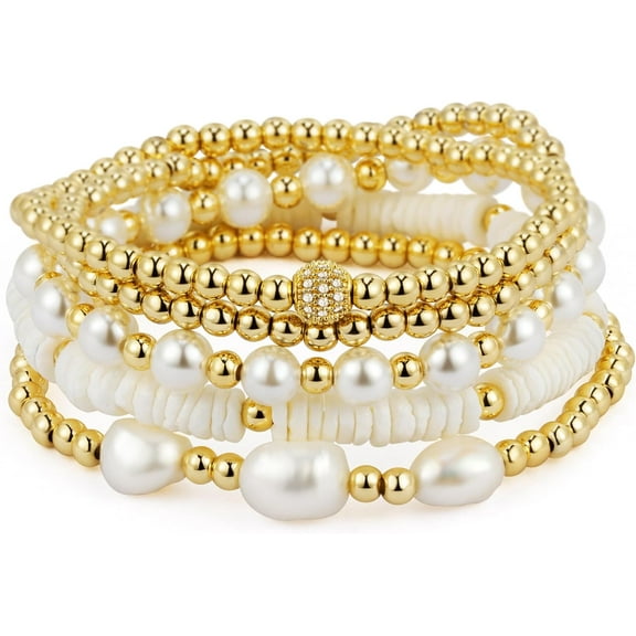 Gold Bracelets for Women Pearl Bracelet Gold Bracelet Stack Beaded Bracelets for Women 14K Gold Plated Stretch Bead Ball Bracelet Sets Jewelry for Christmas Birthday Gifts