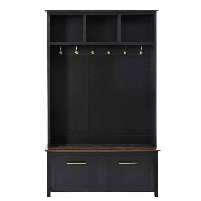 Versatile 4-in-1 Hall Tree with 6 Golden Hooks, Entryway Bench with 2 Drawers, Entryway Coat Rack with Top Storage for Living Room, Hallway