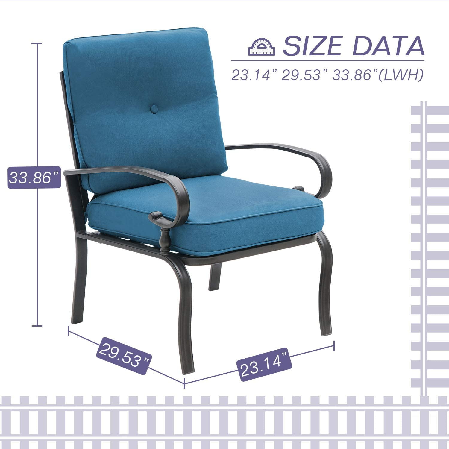 SUNCROWN Patio Chairs Outdoor Wrought Iron Dining Chairs with Peacock Blue Cushions, Set of 2