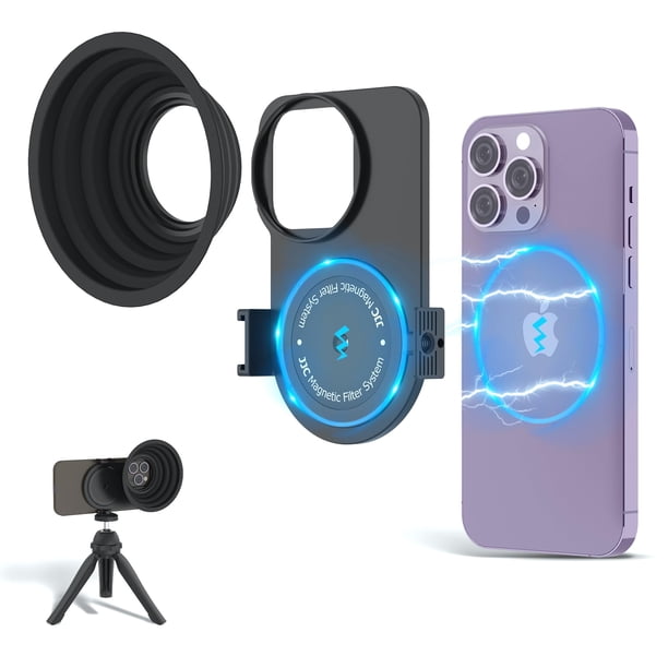 JJC 49mm Magnetic Lens Filter Mount Adapter for iPhone 13 Pro Max 14 Pro Max 15 Pro Max with MagSafe Case, Magnetic Filter Base with Cold Shoe Mounts & Silicone Lens Hood (Filters Not Included)