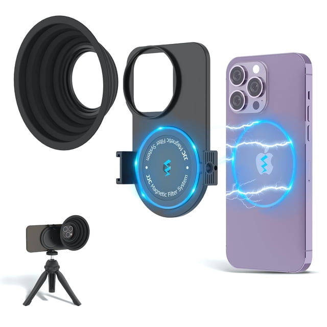 JJC 49mm Magnetic Lens Filter Mount Adapter for iPhone 13 Pro Max 14 Pro Max 15 Pro Max with MagSafe Case, Magnetic Filter Base with Cold Shoe Mounts & Silicone Lens Hood (Filters Not Included)