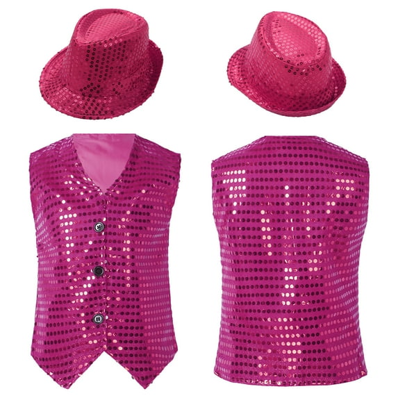 renvena Kids Boys Girls Sequined Shirt Vest Dance Performance Shiny Waistcoat with Hat Rose 9-10