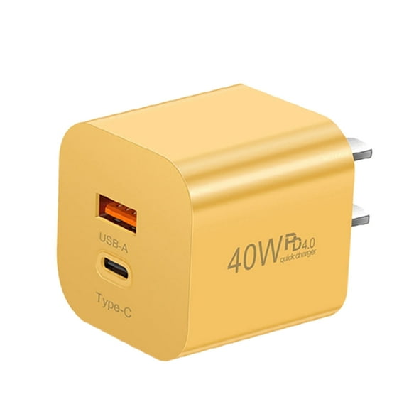 Fast Charger Block, PD 40W Dual Port Wall Charger, Overcharge Protection Charger for Home, Apartment, Yellow Charging Block with Type C, USB Ports