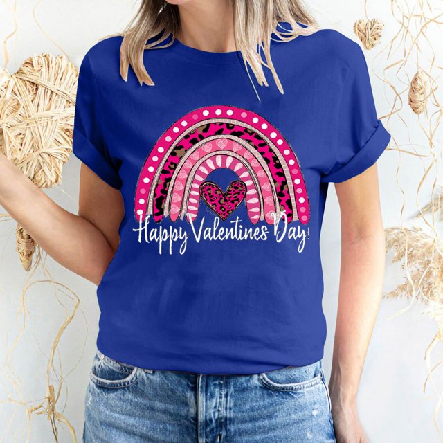 Meichang Hauts pour Femmes Chemise Tendance de la Saint-Valentin Hauts Mignons Imprimé Cœur Hauts de Vacances Manches Courtes Col Rond Décontracté Chandail Blouses