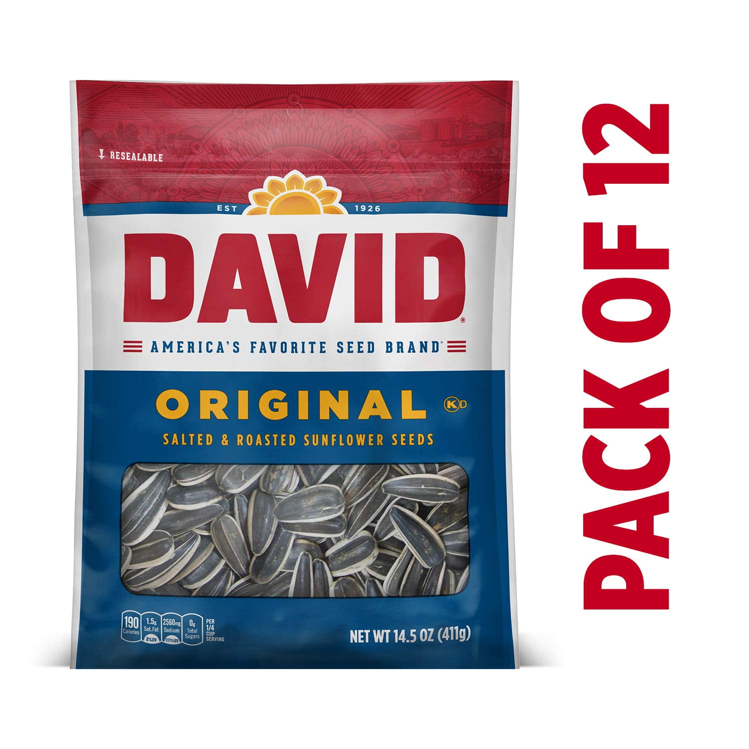 DAVID Roasted and Salted Original Sunflower Seeds, Keto Friendly, 14.5 oz, 12 Pack