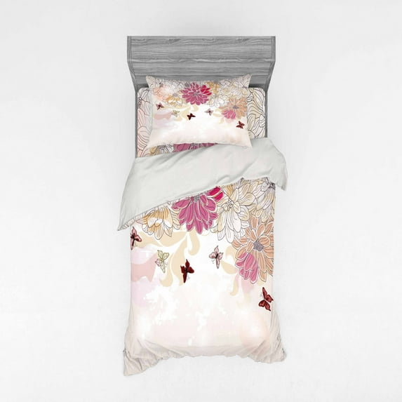Ambesonne Floral Bedding Set 3 Pcs, Spring Flower Butterfly, Twin, Cream Pink