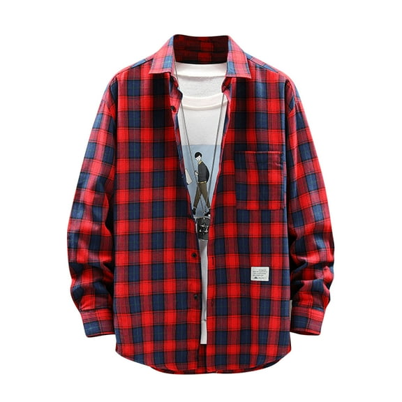 Shirts for Men Long Sleeve Plaid Flannel Loose Turndown Collar Buttons Shirt Jacket Red 5XL