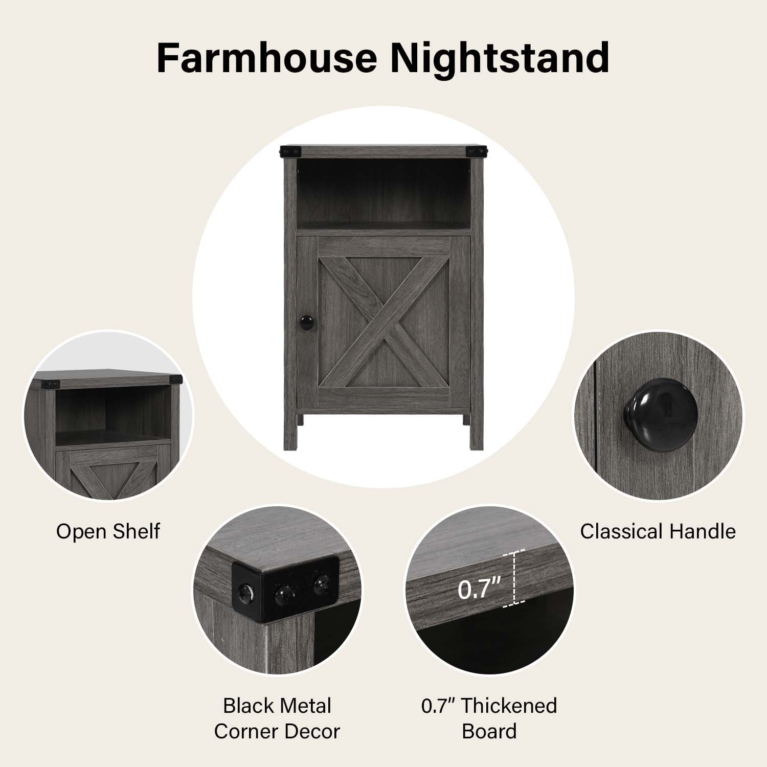4 Ever Rustic Wood Bedside Night Stands, Set of 2, Farmhouse Style, Grey Wash