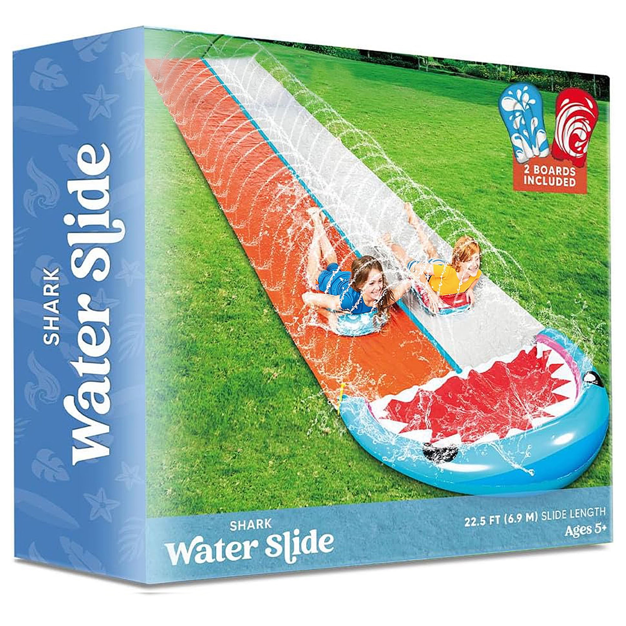 Joyfy Water Slides with 2 Inflatable Boards, 22.5ft Backyard Outdoor Lawn Slip Waterslide with Sprinklers Summer Toy, Shark