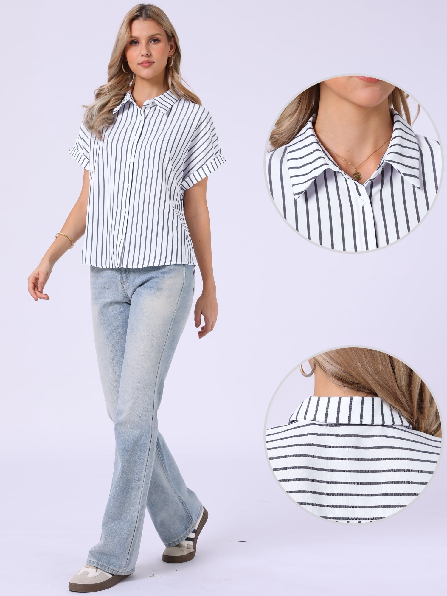 DARING DIVA Women's Short Sleeve Button Down Striped Shirt for Casual Wear XS White