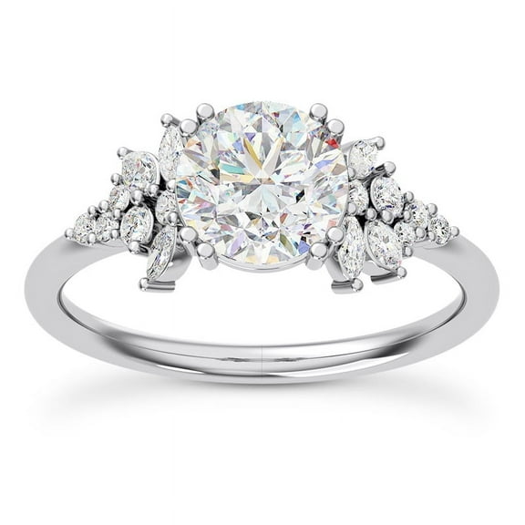 Spot Jewel 14K White Gold Plated 1.8 Ct Graduated Mixed-Shape Diamond Engagement Ring - Round Cut Lab Grown Solitaire Diamond Ring - Sparkling Design Jewelry for Engagement for Her