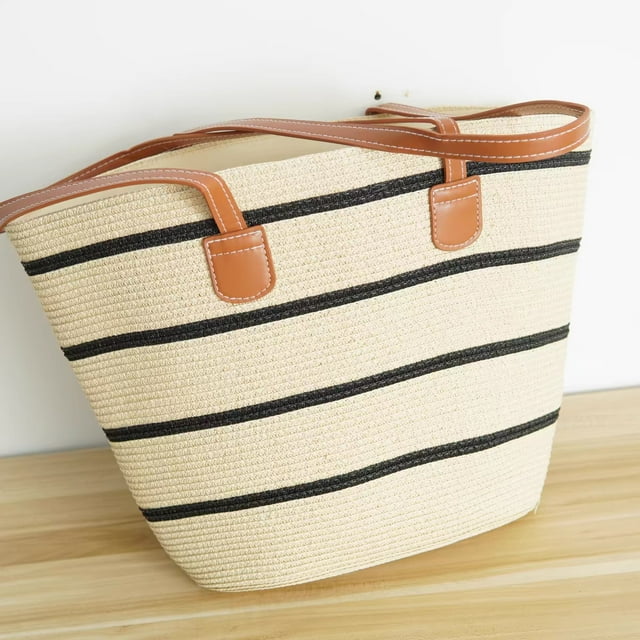 Nvzi Bolso de mano de paja, bolso de mano de gran capacidad, bolso de mano con asa superior, bolso de paja elegante de verano - 07