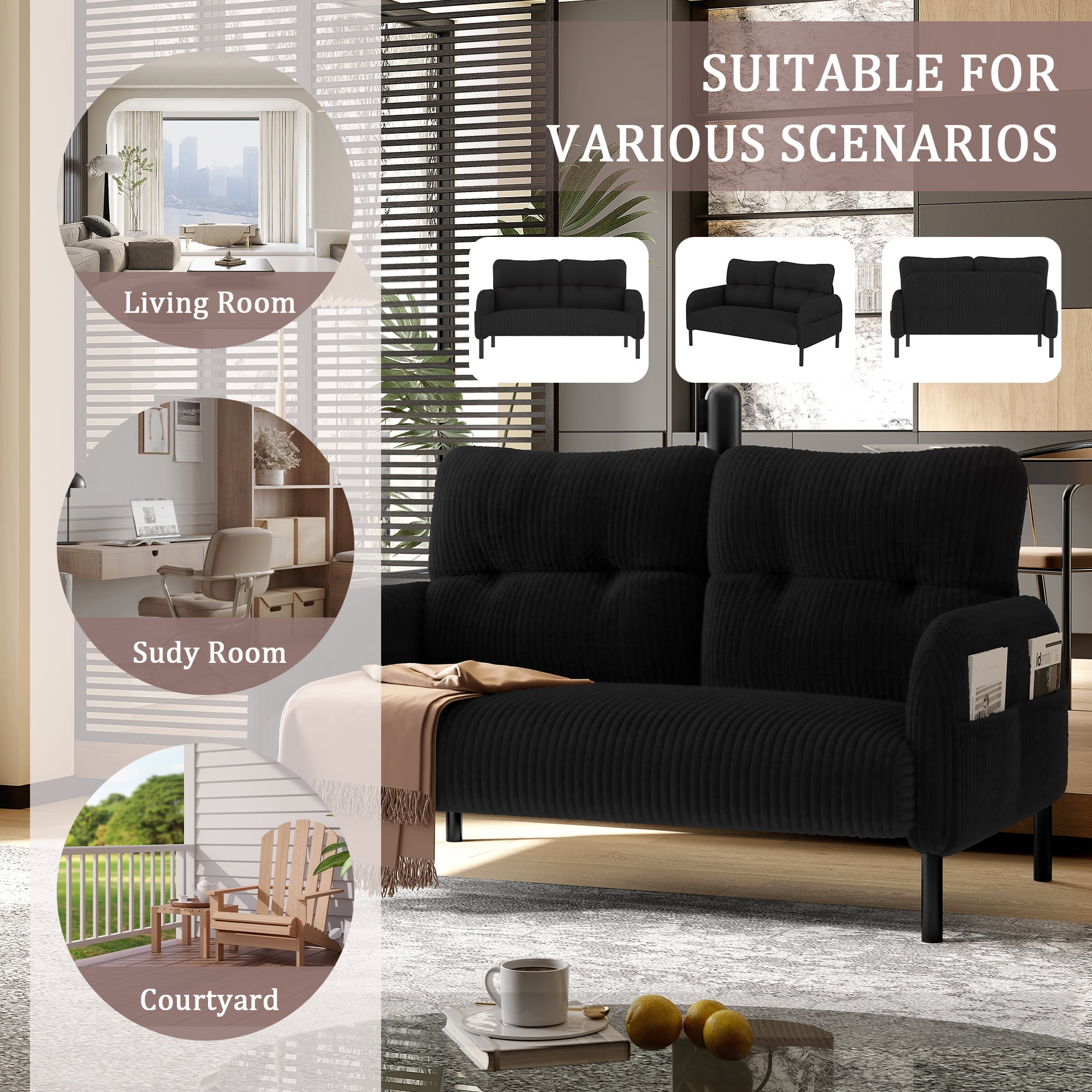 47" Small Loveseat Sofa Couch for Small Spaces,Corduroy Upholstered 2-Seater Love Seats for Apartment, Bedroom,Office,Black