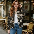 thumbnail image 2 of COEQINE Bomber Jacket for Women Zip Up Long Sleeve Bomber Outfits Casual Coat with Front Pocket, Cropped Varsity Jackets Shackets Y2k Outerwear Tops, Small, Retro Butterfly Floral, 2 of 7