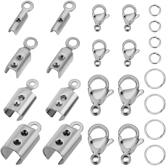 DIY Jewelry Clasps Kits with 304 Stainless Steel Folding Crimp Cord Ends & Lobster Claw Clasps & Jump Rings Stainless Steel color 74x73x25mm Stainless Steel