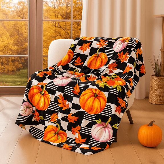 Fall Pumpkin Throw Colorful Blanket Plush Flannel Blanket Soft Fall Harvest Cozy Throw for Home Couch Bed Sofa Thanksgiving Holiday Decorations, 50 x 60 Inches