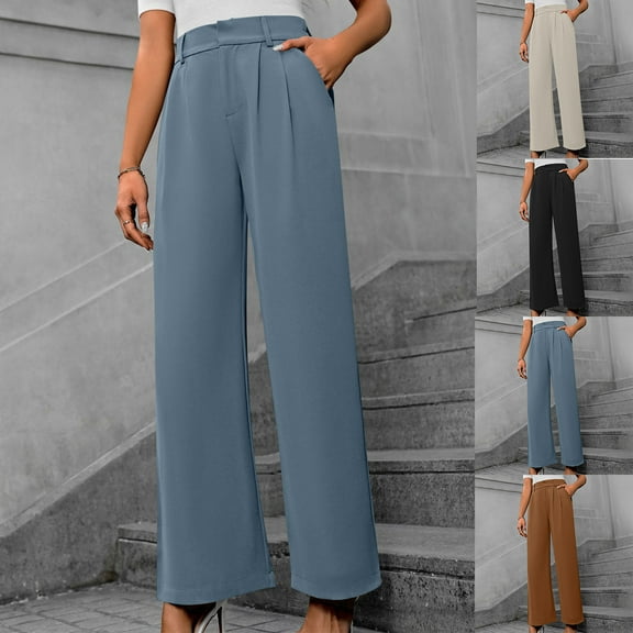 Fengqque Wide Leg Pants Women's High Elastic Waisted in the Back Business Work Trousers Straight Suit Pants Dress Pants Brown 2(XS)