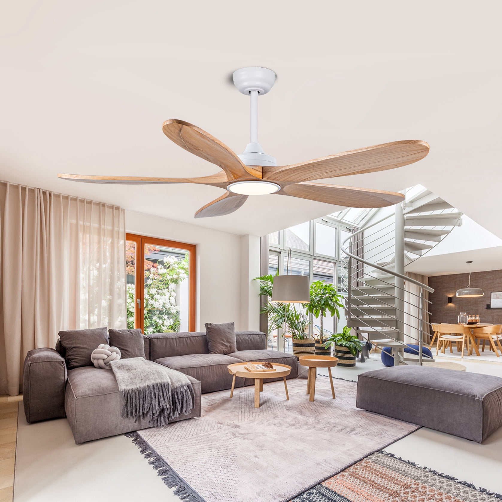 Mintazer 52 in Ceiling Fan with Lights and Remote, Modern Ceiling Fan with 6 Speed & 5 Blade for Farmhouse Bedroom Living Room Gazebo Patio, Natural