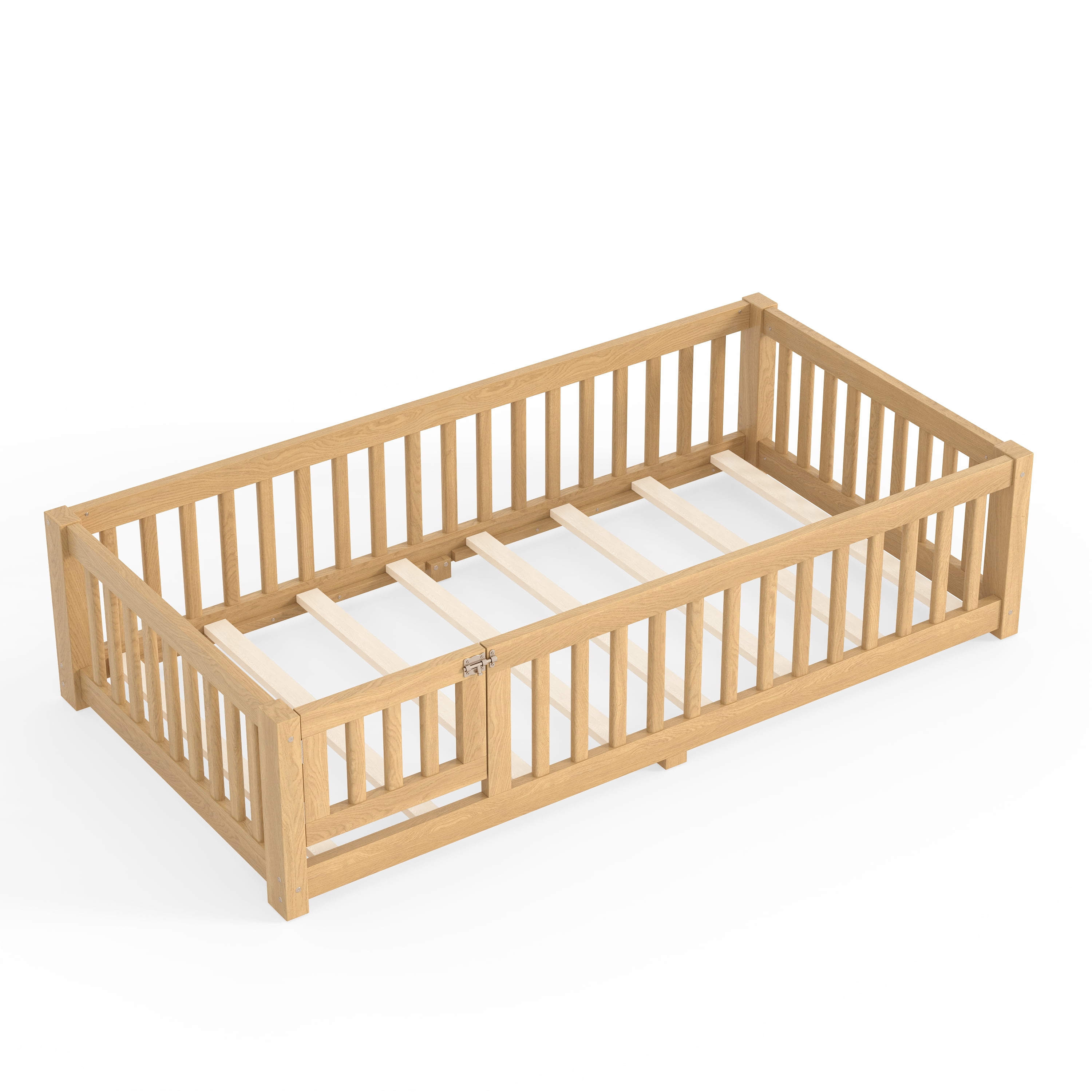 Twin Size Bed Floor Bed with Safety Guardrails and Door for Kids, Natural