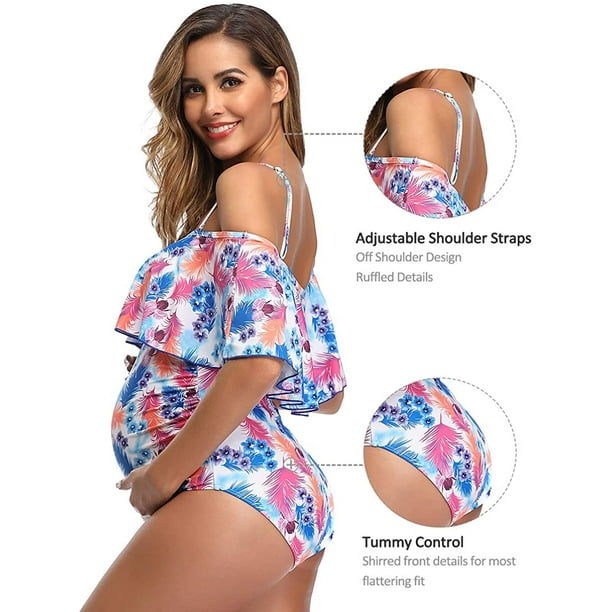 Women Off Shoulder Maternity Swimsuits Flounce Floral One Piece Bathing  Suits 