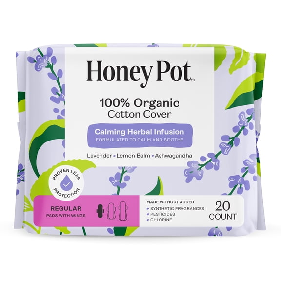 Honey Pot 100% Organic Cotton Cover Calming Herbal Infusion Regular Pads, 20 Count