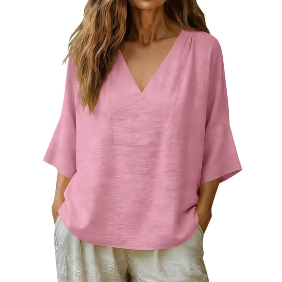 zbxnLI Womens Cotton Linen Loose T Shirts Summer Short Sleeve Blouse Top Casual V Neck Lightweight Vacation Outfits