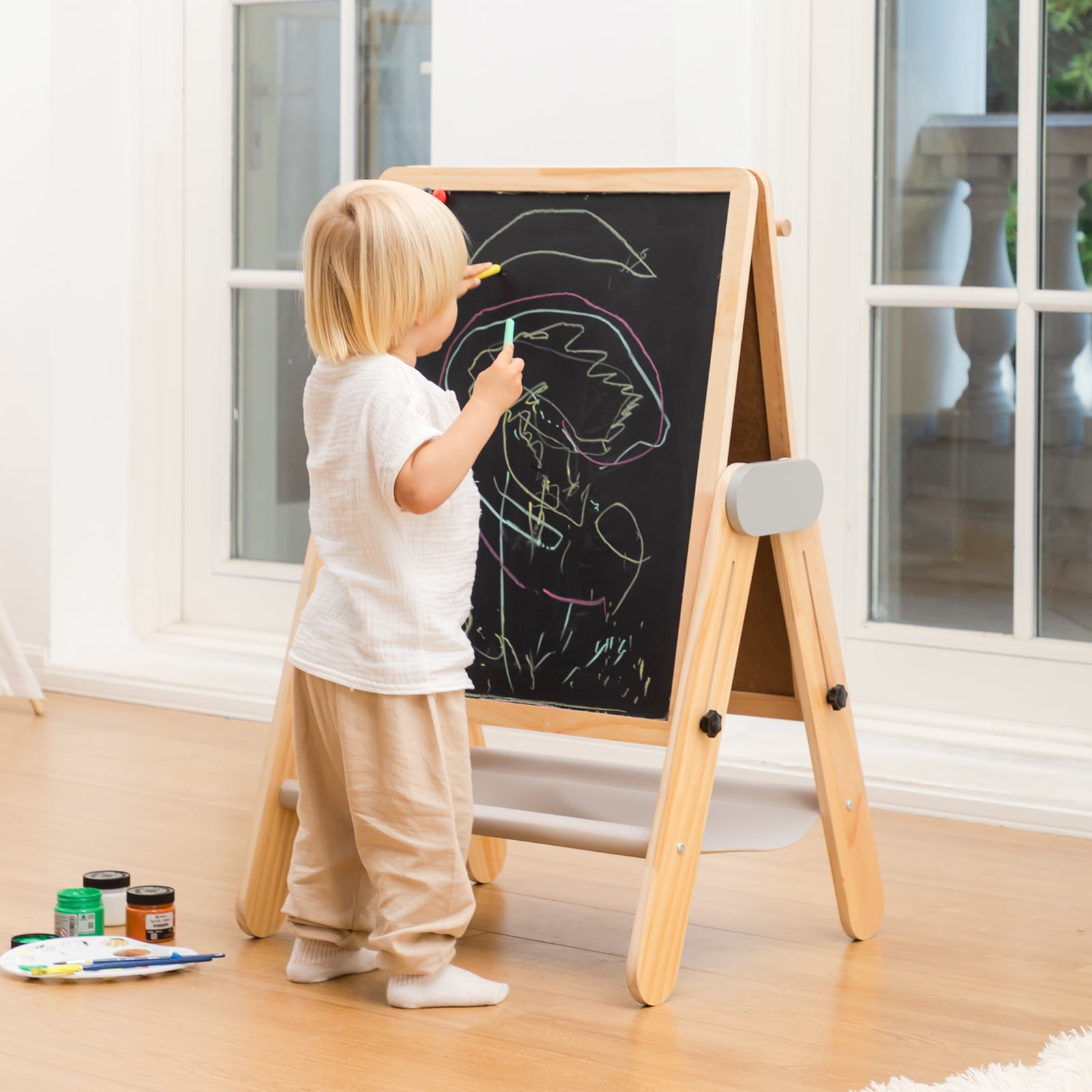 Wood Folding Art Easel for Kids, Double-sided Magnetic Whiteboard & Chalkboard, Adjustable Height Wooden Drawing Board, Educational Gift for Boys and Girls