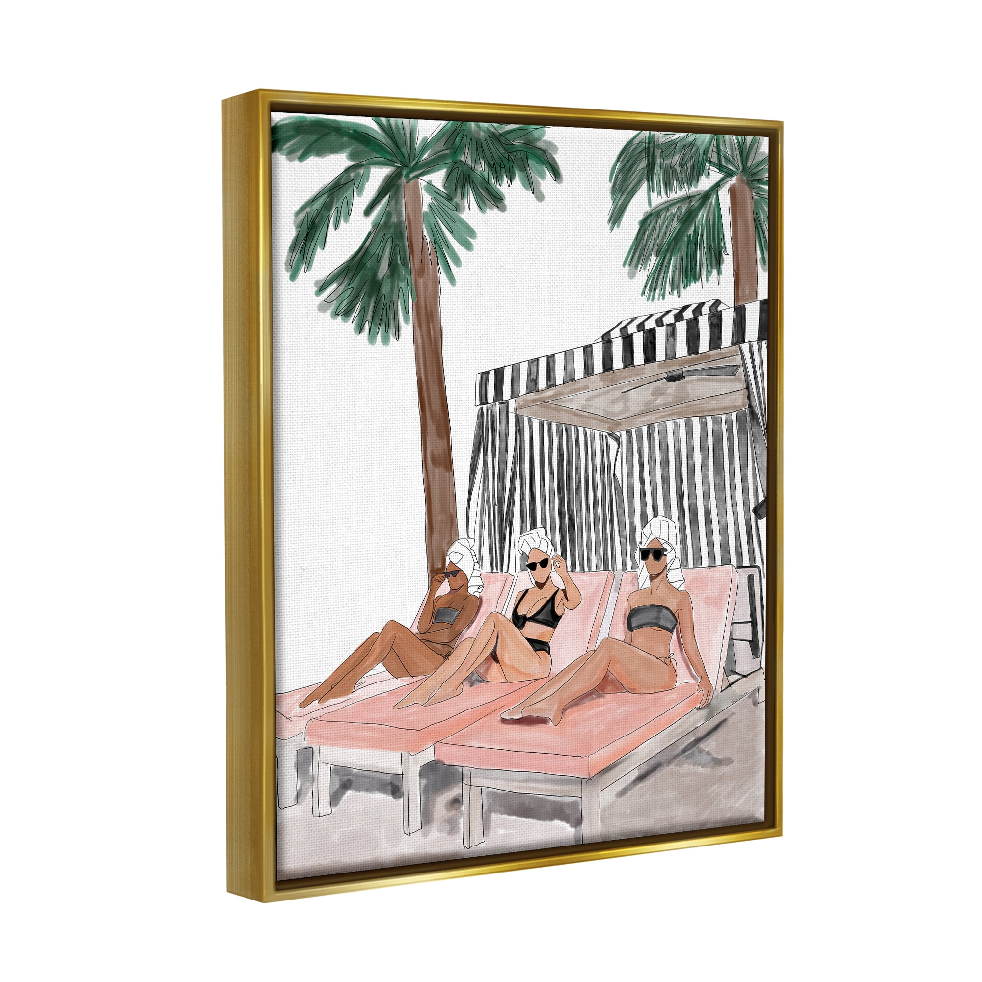 Stupell Industries Girls Lounging Tropical Vacation Coastal Painting Gold Floater Framed Art Print Wall Art
