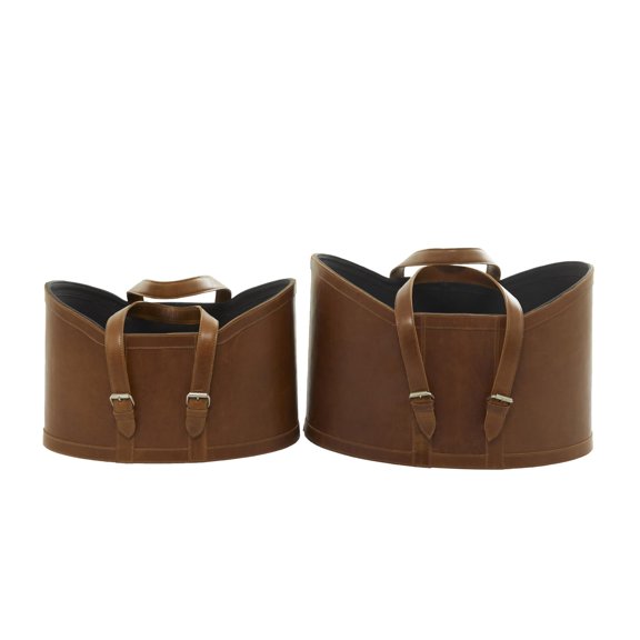 DecMode 20", 19"W Brown Leather Handmade Curved Magazine Holder with Buckle Handles (Set of 2)