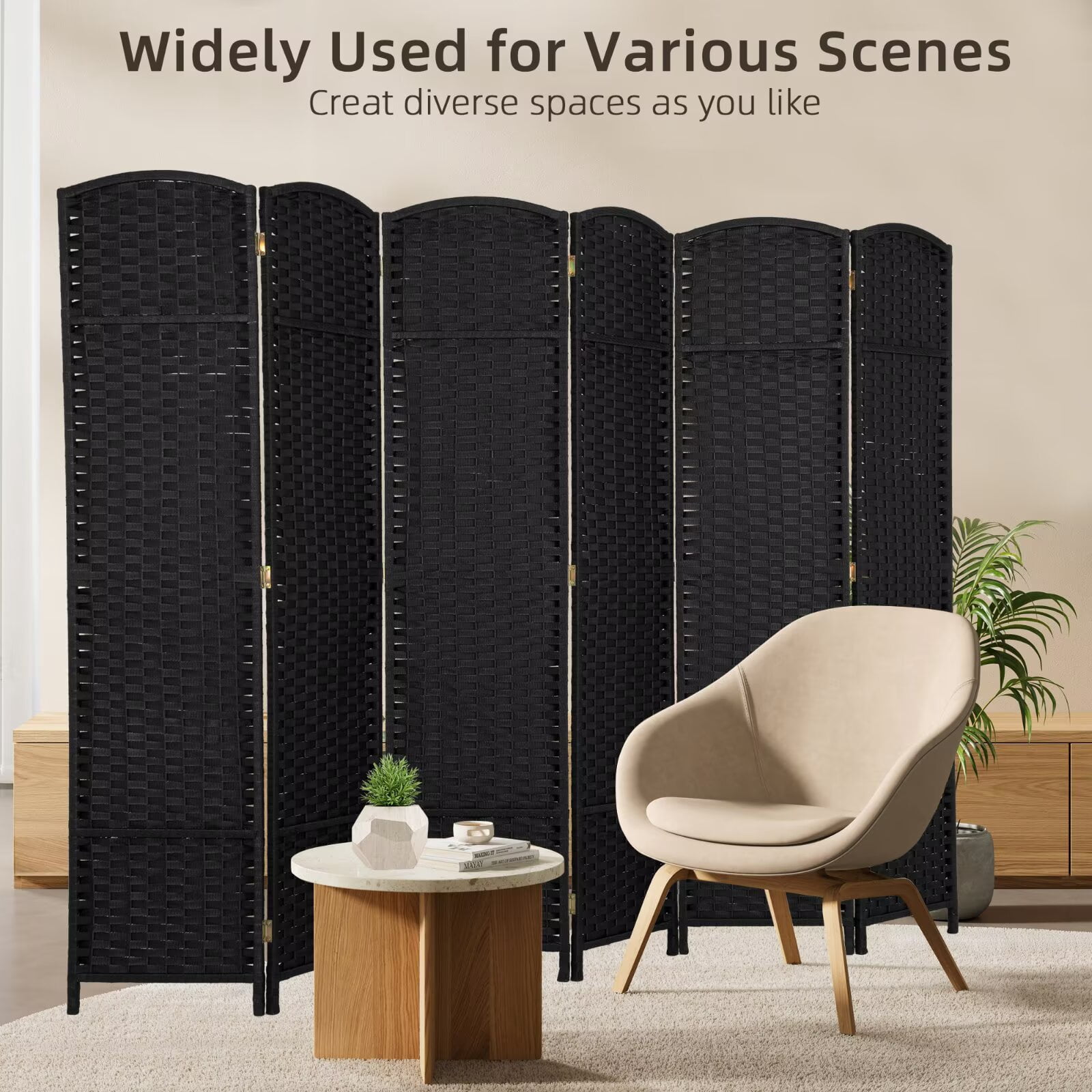 YRLLENSDAN 6 Panels Folding Portable Room Dividers, Free Standing Indoor and Outdoor Privacy Screens for Patio, 66.9 Inches Tall Chinese Wall Divider for Room Separation, Black