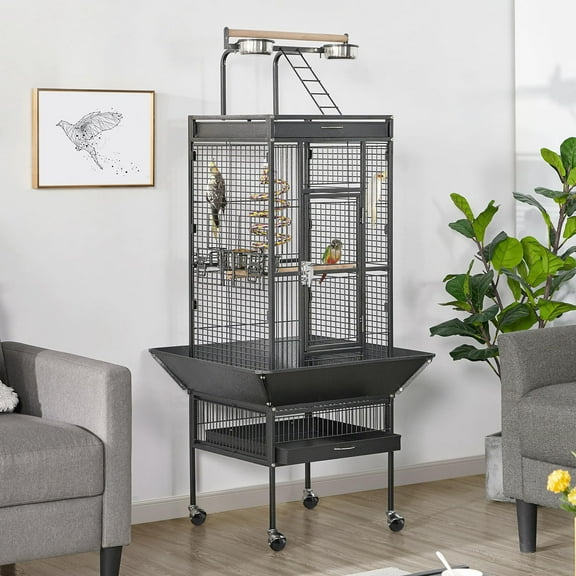 Danolapsi 61-inch Playtop Wrought Iron Large Parrot Bird Cages with Rolling Stand for Cockatiels Amazon Parrot Quaker Conure Parakeet Lovebird Finch Canary Small Medium Parrot Cage Birdcage